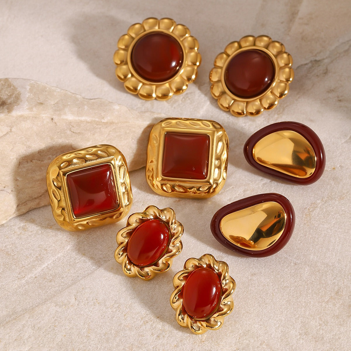 18K gold geometric inlaid gemstone design high-end earrings-Luxore
