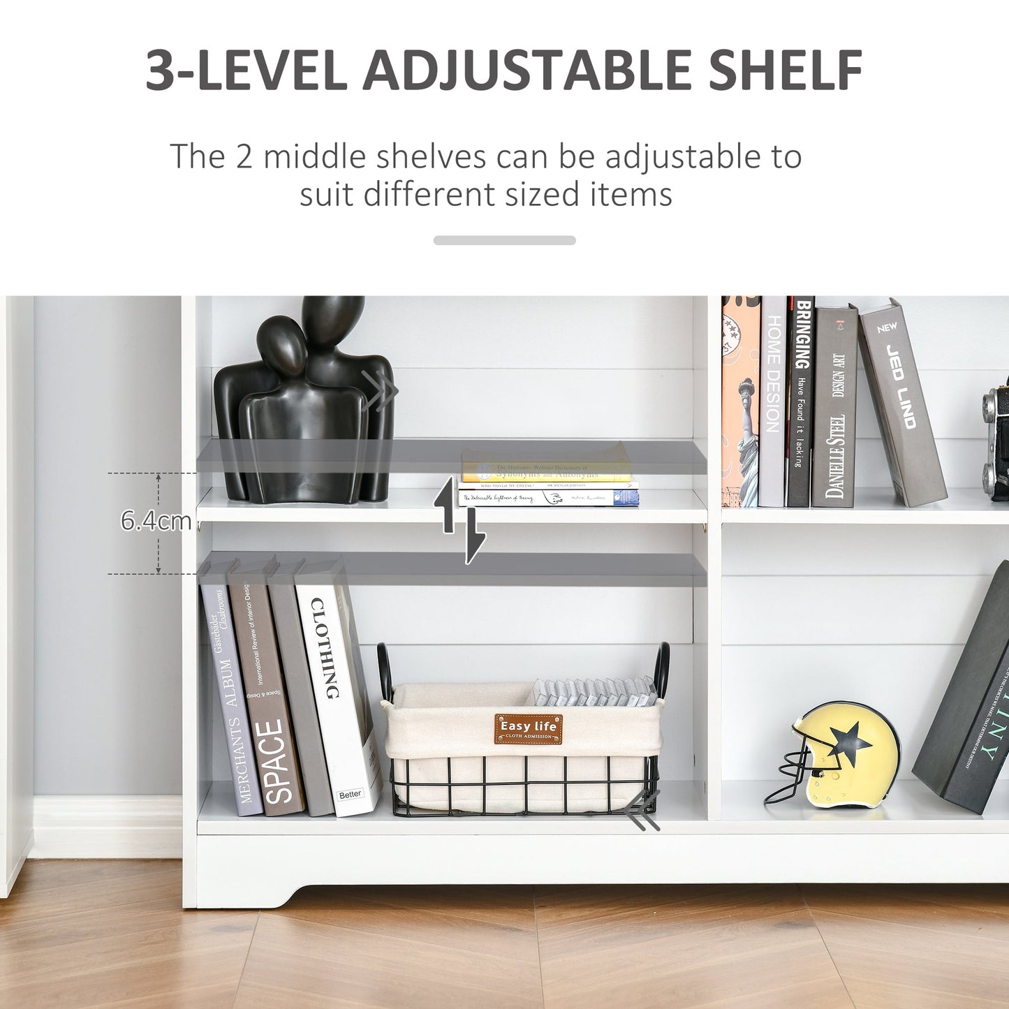 Simple Modern 4-Compartment Low Bookcase 2-Tier w/ Moving Shelves Cube Display Storage Unit Home Office Living Room Furniture White-4