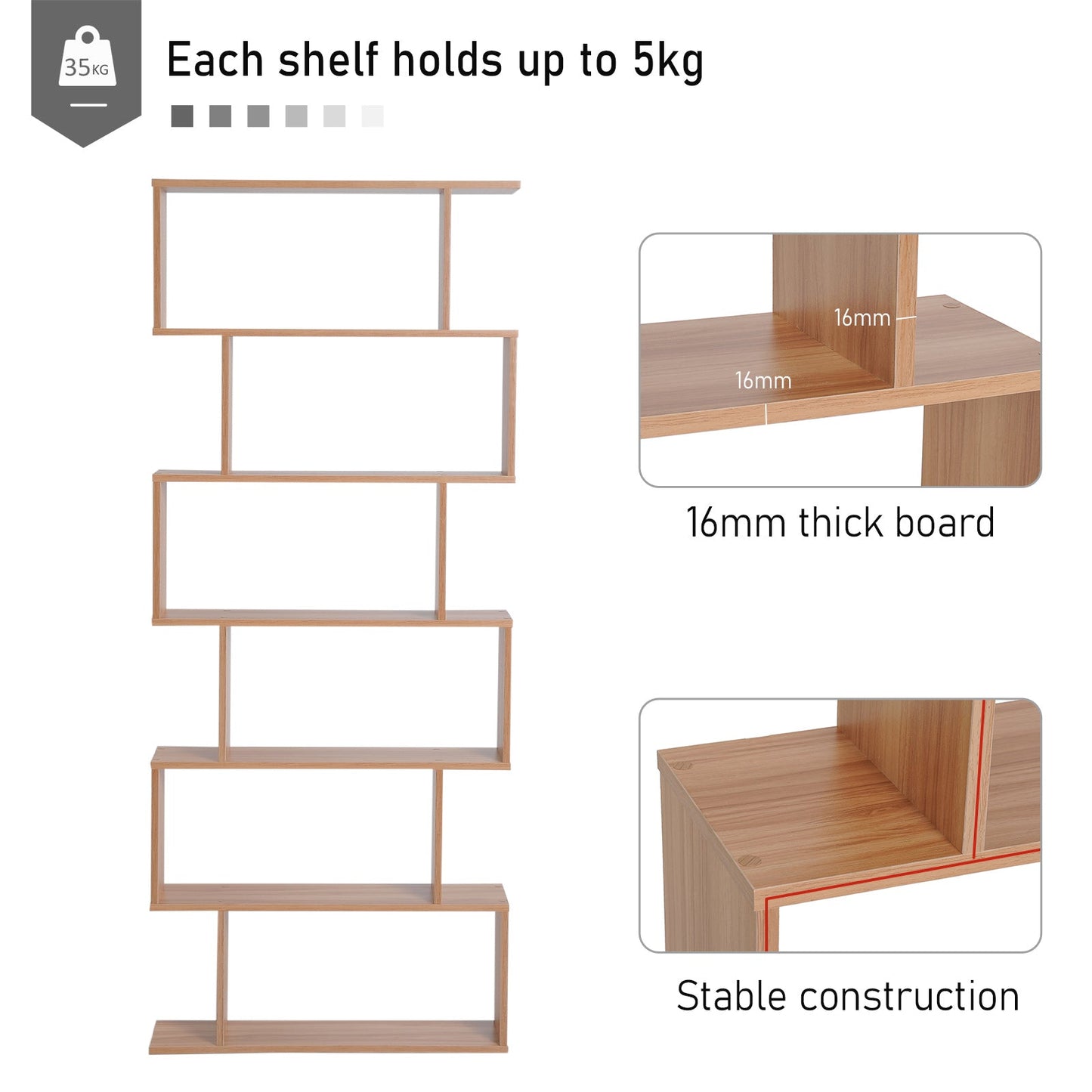 Wooden Wood S Shape Storage Display 6 Shelves Room Divider Unit Chest Bookshelf Bookcase Cupboard Cabinet Home Office Furniture (Maple)-Luxore