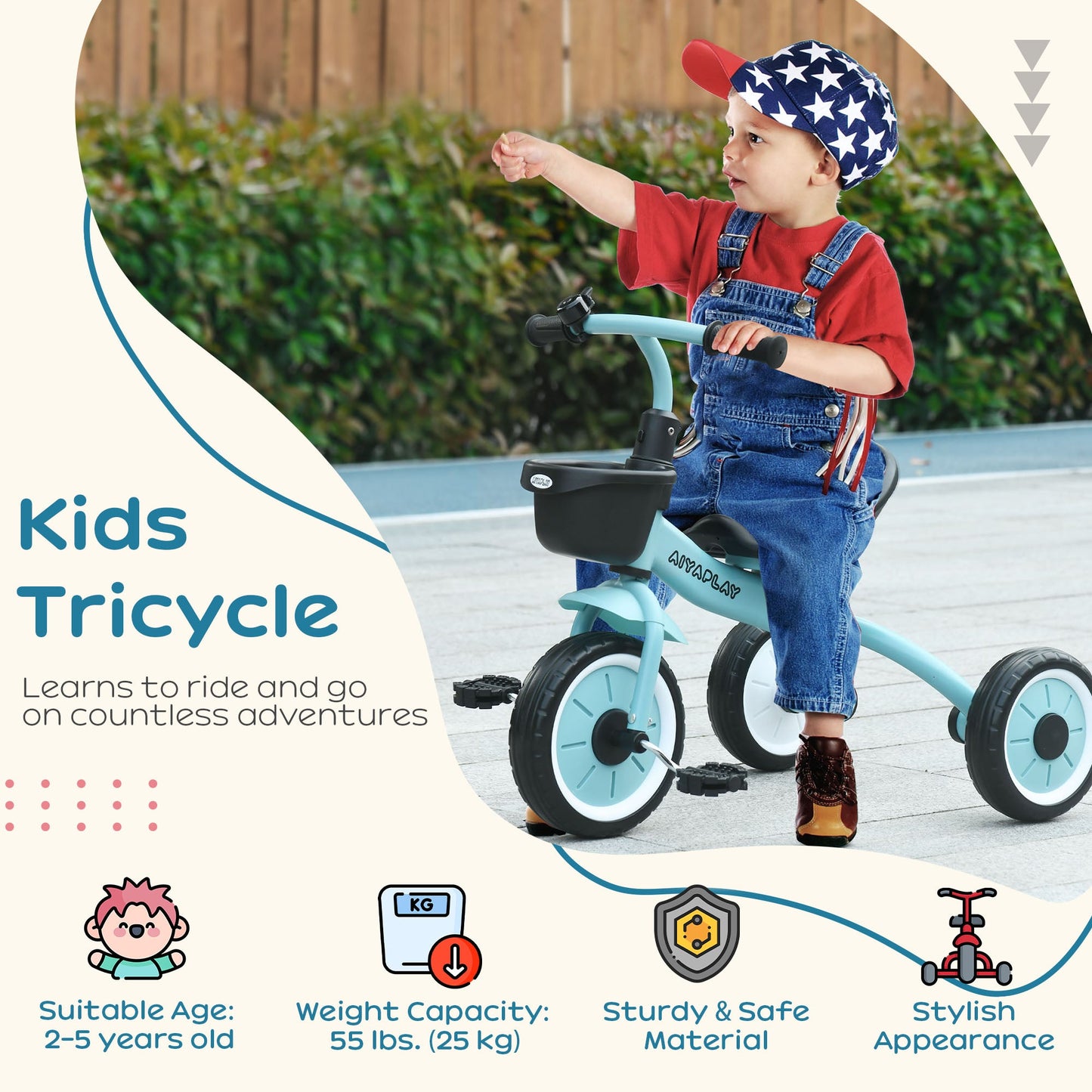 Kids Trike, Tricycle, with Adjustable Seat, Basket, Bell, for Ages 2-5 Years - Blue-Luxore