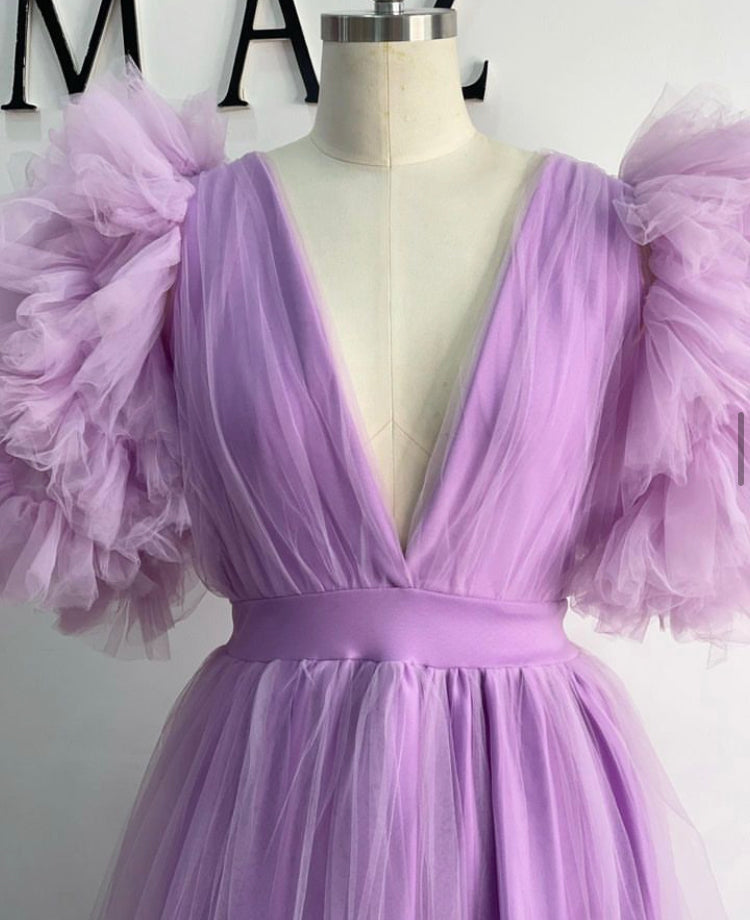 Lavender Ixora Gown – Shimmering Scuba and Tulle Fabric with Thigh-High Slit-Luxore