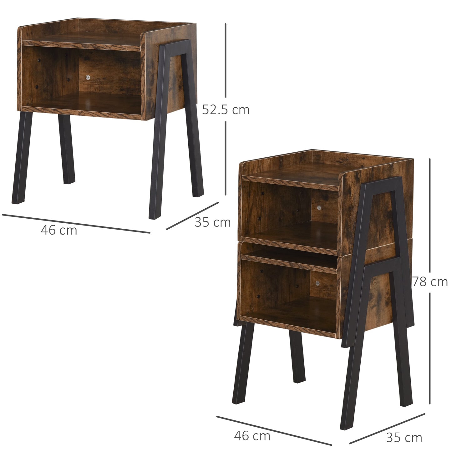 Bedside Table Set of 2 Industrial Nightstand Stackable End Table with Open Front Storage Compartment Retro Furniture with Metal Legs Rustic Brown-2