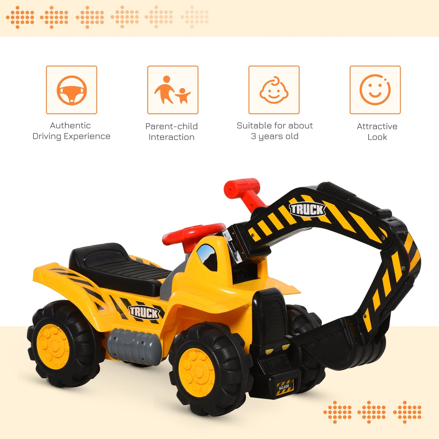 Kids 4-in-1 HDPE Excavator Ride On Truck Yellow/Black-Luxore