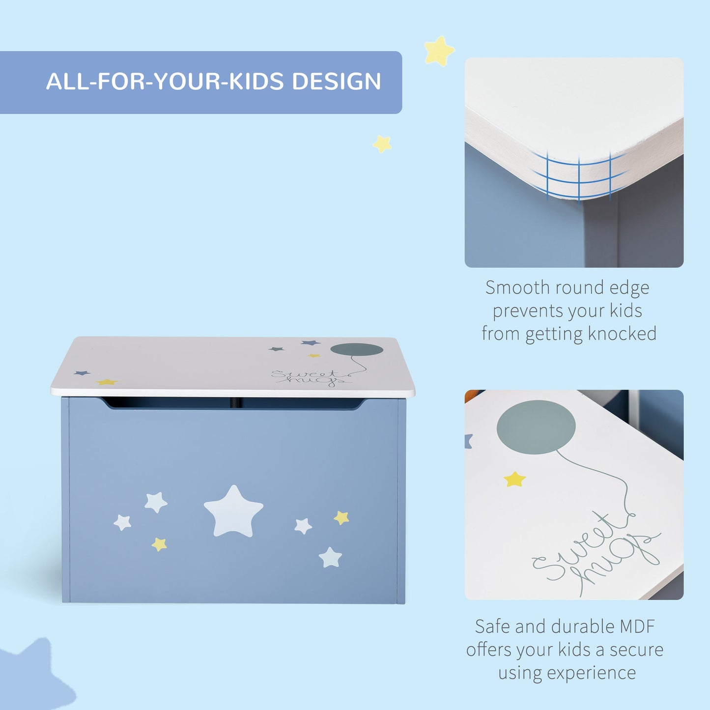 Wooden Kids Children Toy Box Storage Chest Organizer Safety Hinge Air Vents Side Handle Playroom Furniture Blue-Luxore