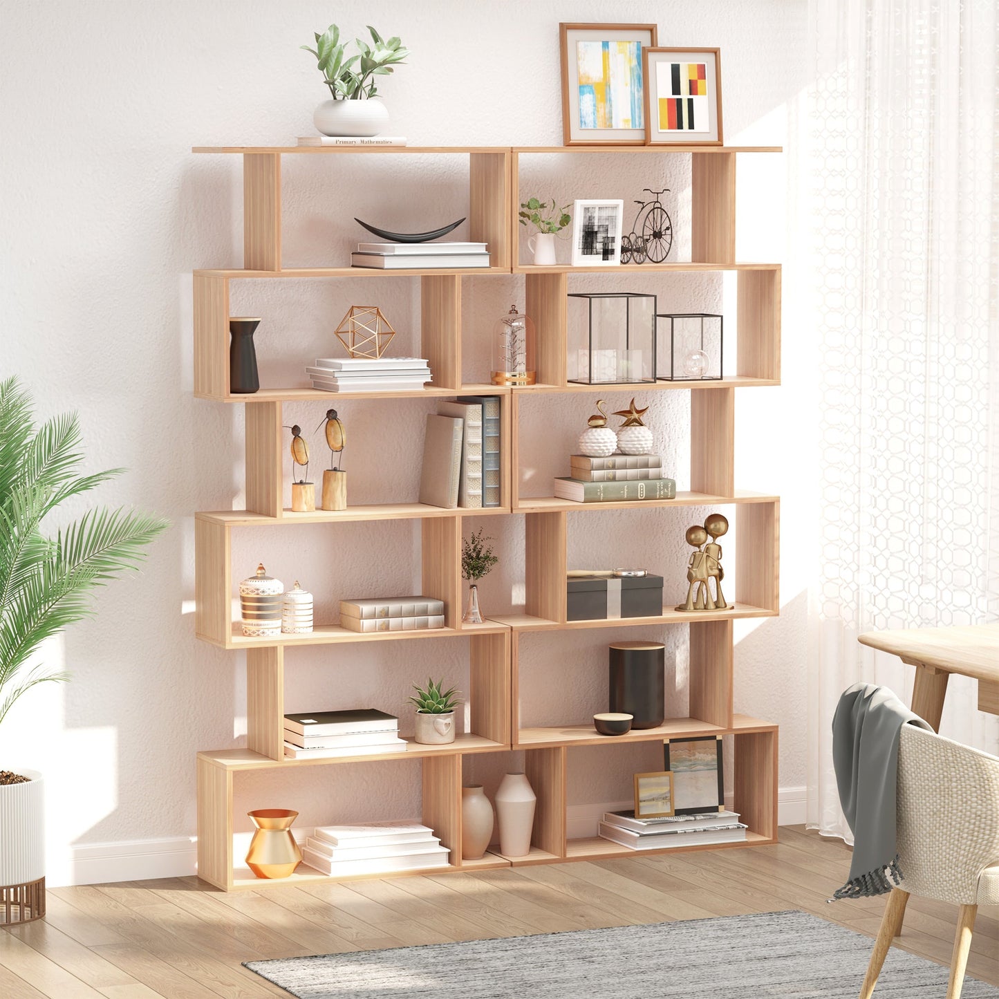 Wooden Wood S Shape Storage Display 6 Shelves Room Divider Unit Chest Bookshelf Bookcase Cupboard Cabinet Home Office Furniture (Maple)-Luxore