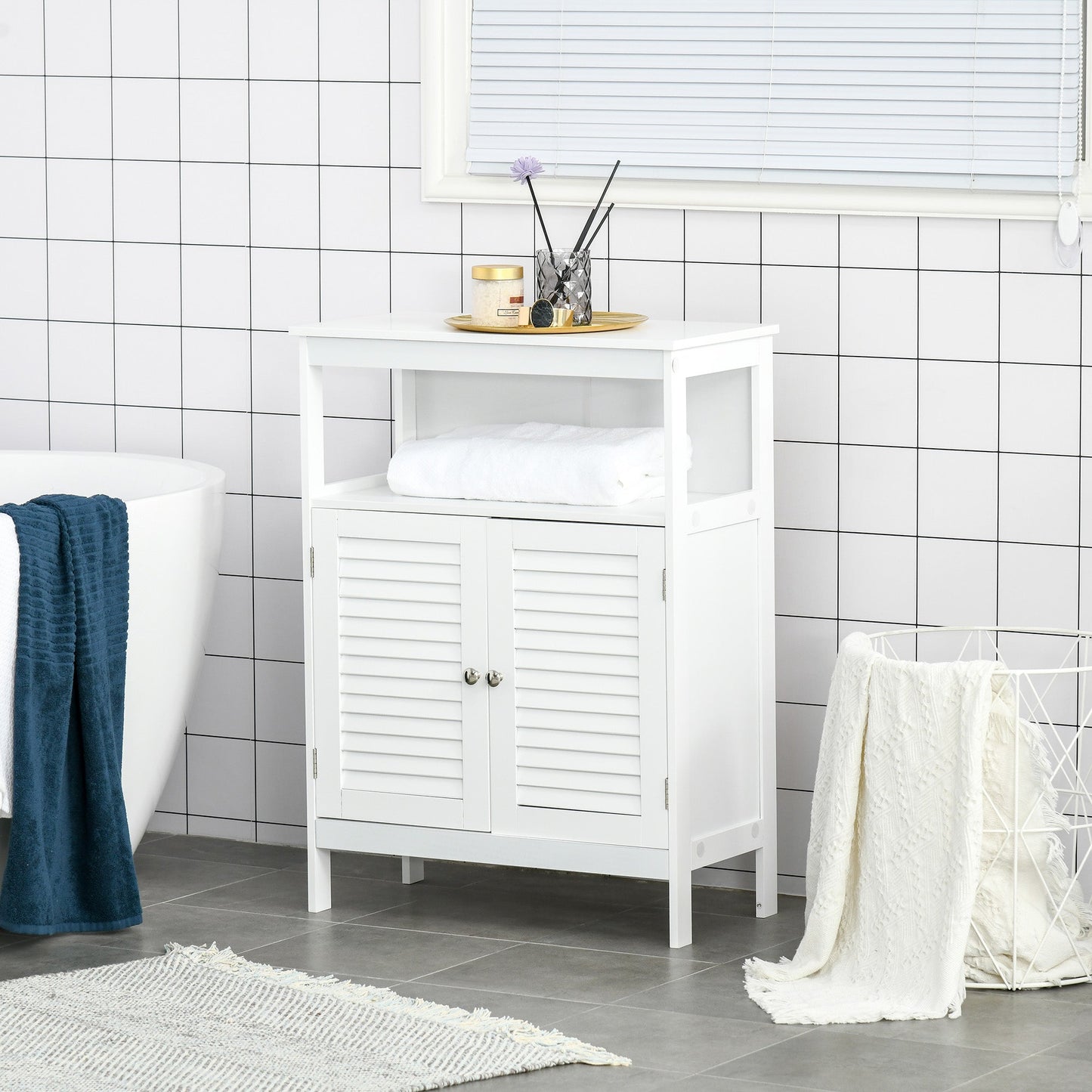 Freestanding Bathroom Storage Cabinet Organizer Cupboard with Double Shutter Doors Wooden Furniture White-1