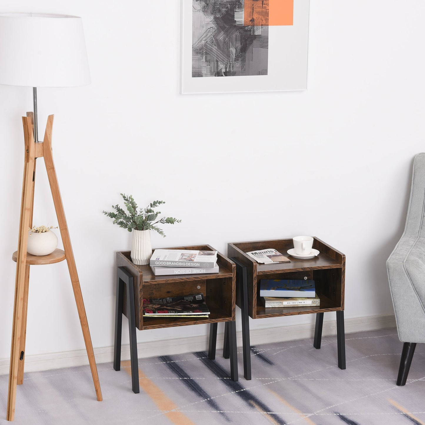 Bedside Table Set of 2 Industrial Nightstand Stackable End Table with Open Front Storage Compartment Retro Furniture with Metal Legs Rustic Brown-1