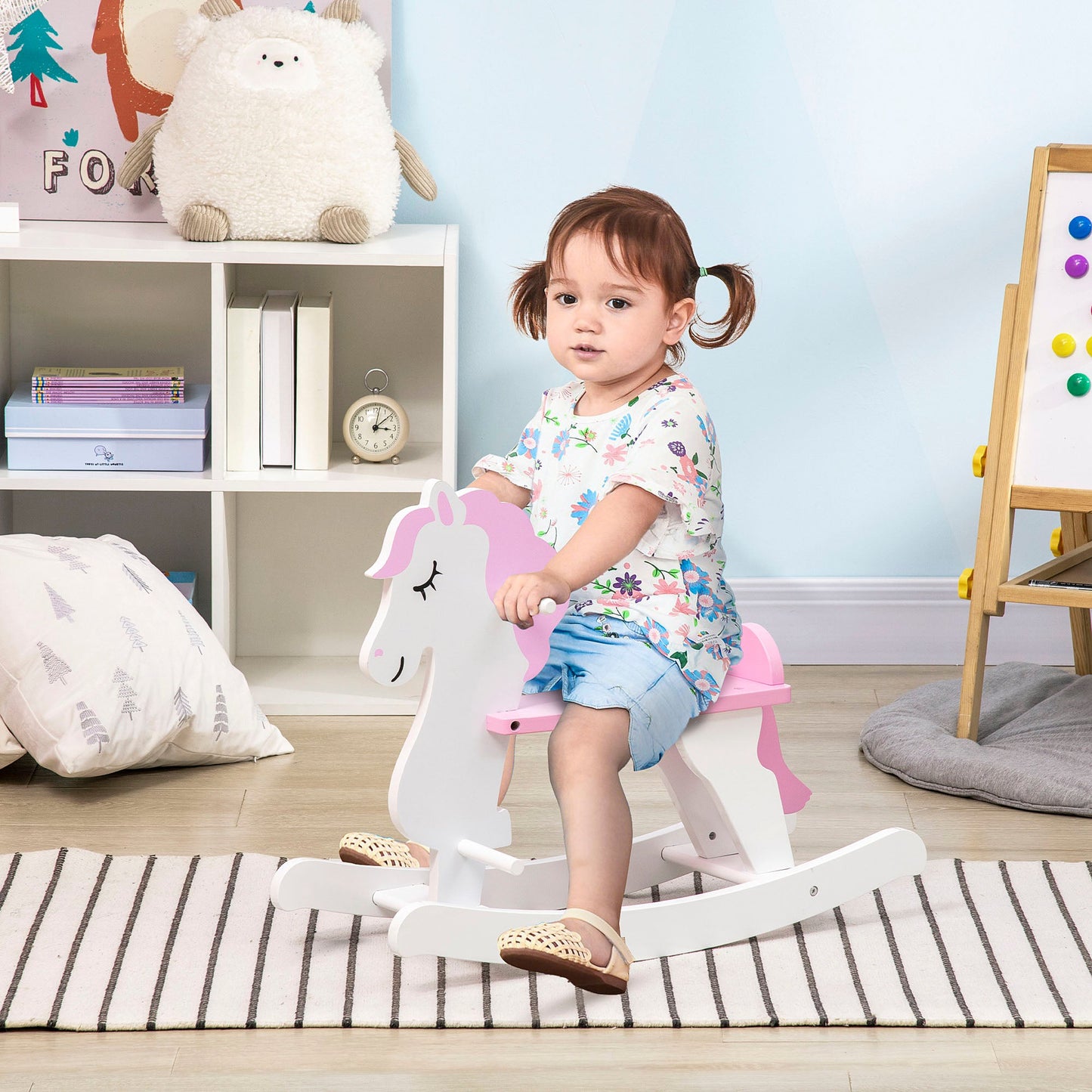 Kids Wooden Rocking Horse, Ride On Toy w/ Handlebar, Foot Pedal, Traditional Rocker Furniture for 1-3 Years, Pink-Luxore