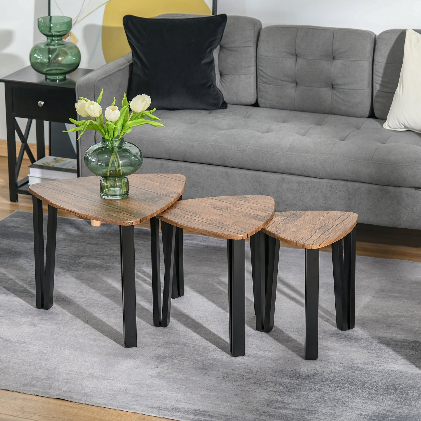 3 PCs MDF Steel Nesting Table Coffee Table Set Multifunctional End Side Table Living Room Furniture Walnut Wood Grain-1