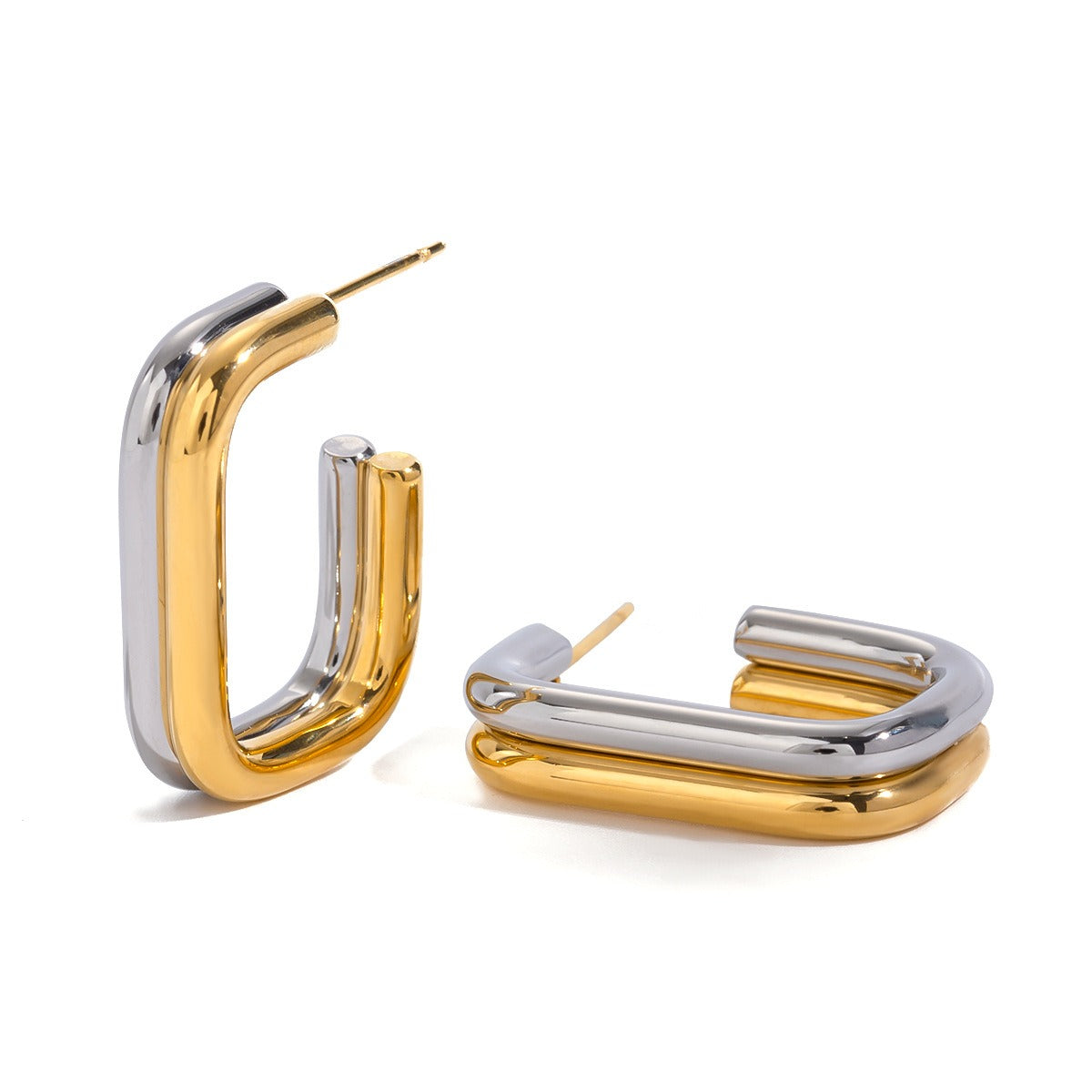 Gold Plated double-layer geometric earrings with gold and silver contrast design-Luxore