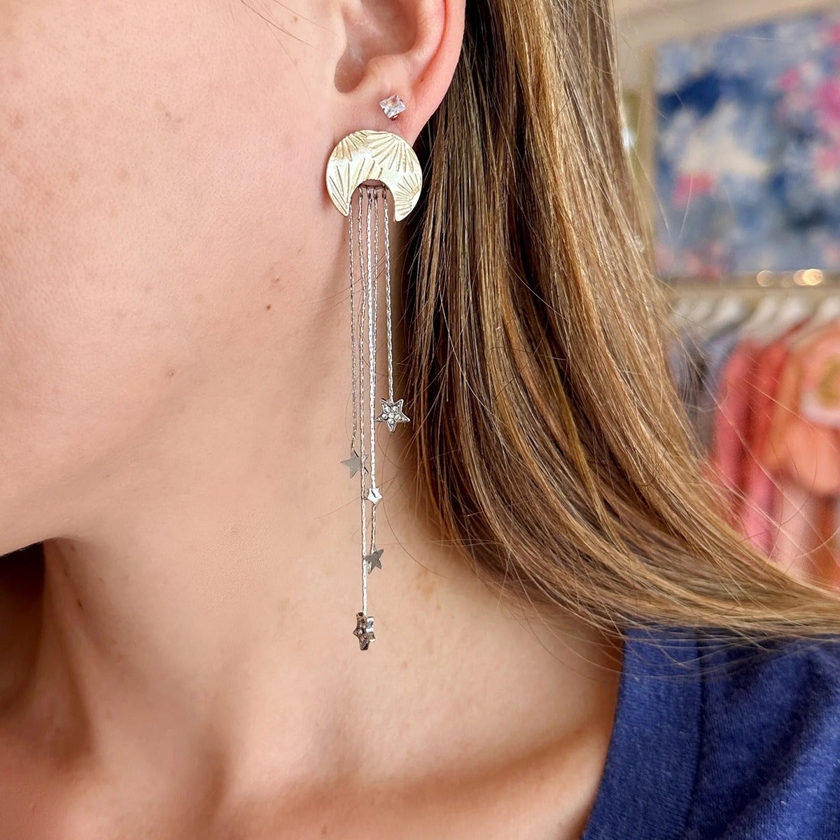 Gold Plated Moon and Star Celestial Tassel Earrings-Luxore