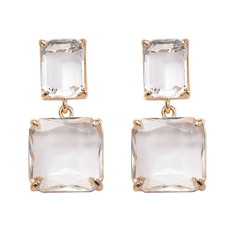 18K PVD Gold Inlaid Geometric Square Crystal High-End Earrings-Luxore