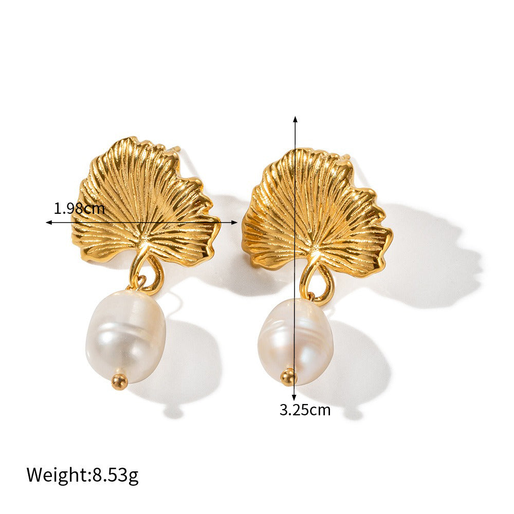 18K gold geometric inlaid pearl design high-end earrings and necklace set-Luxore