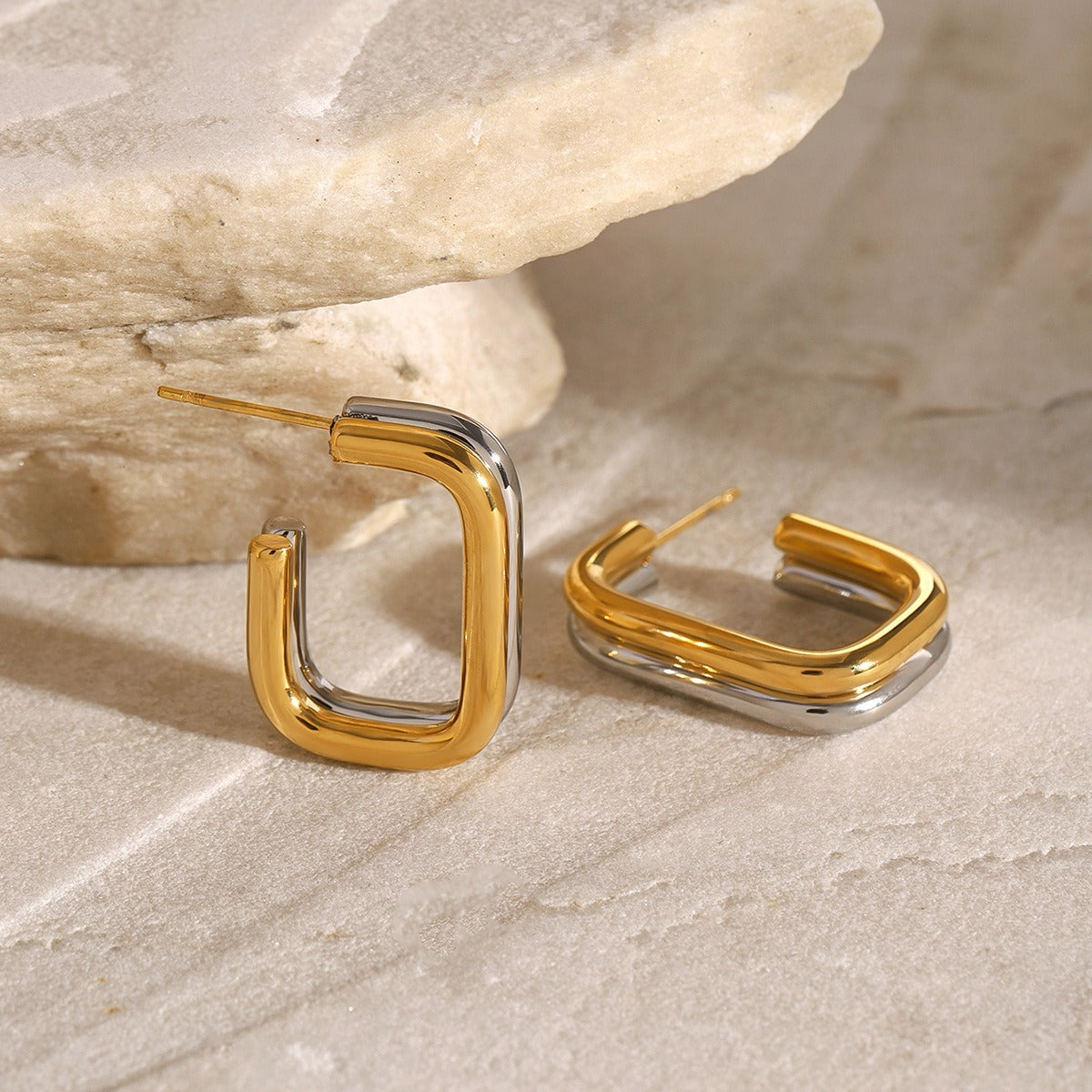 Gold Plated double-layer geometric earrings with gold and silver contrast design-Luxore