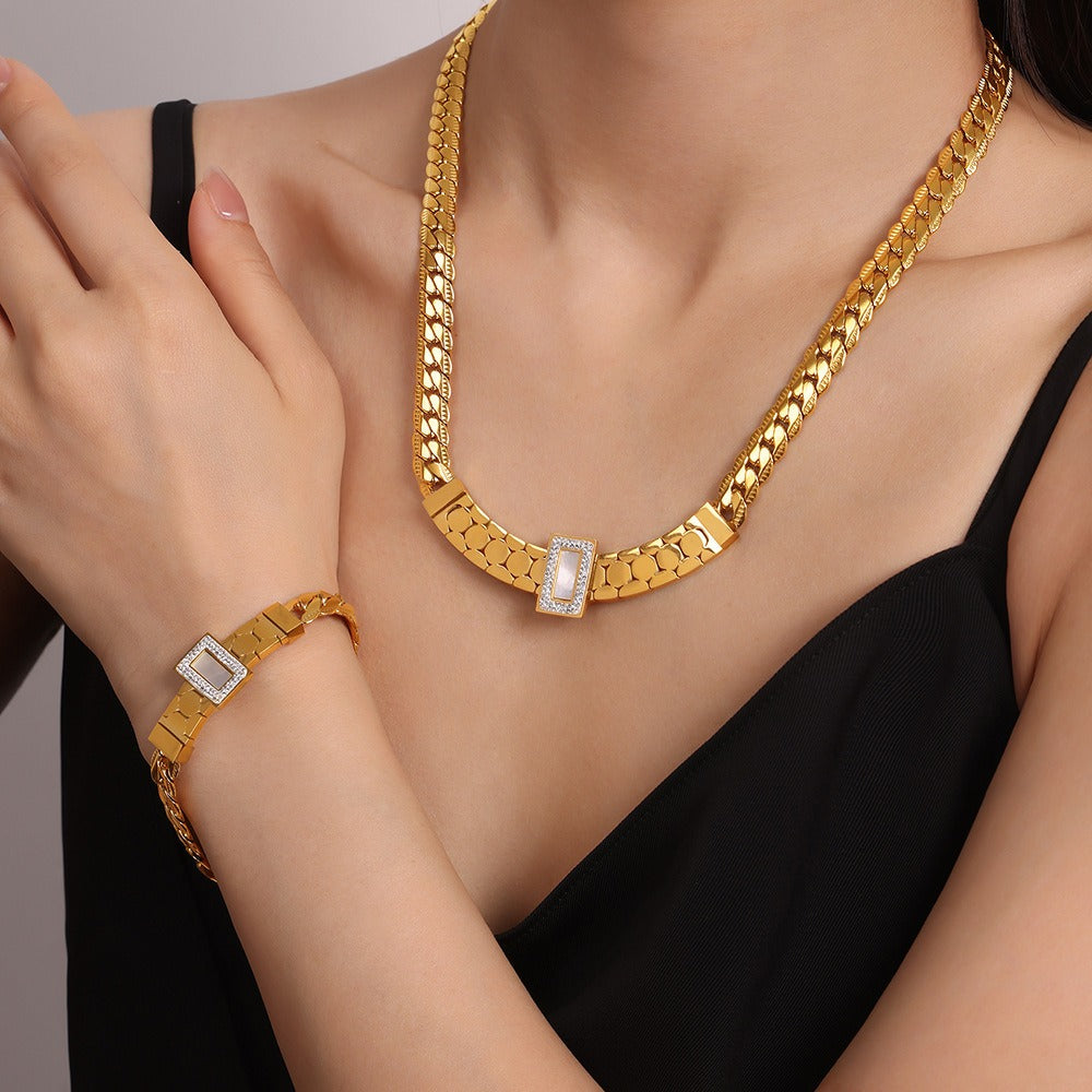 18K gold exquisite light luxury geometric inlaid zircon and gemstone design versatile bracelet necklace set-Luxore