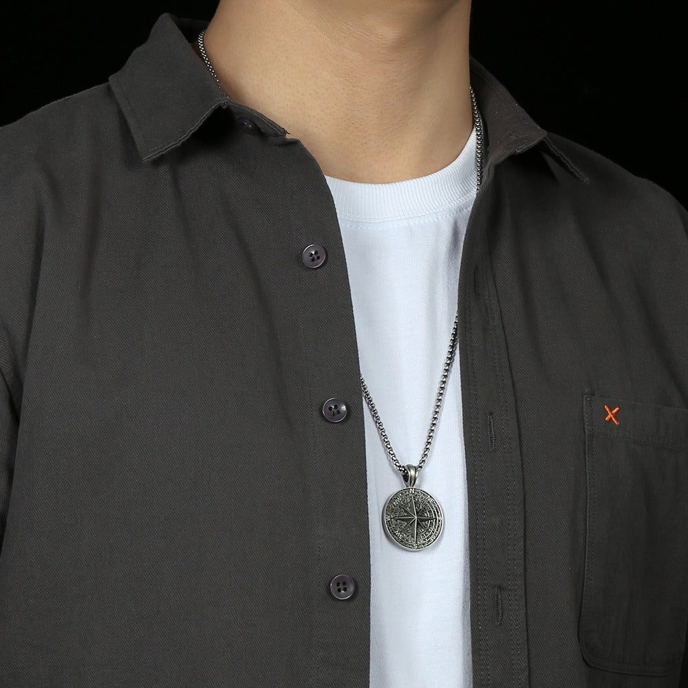 Titanium Steel Compass Pendant Necklace for Men-Luxore