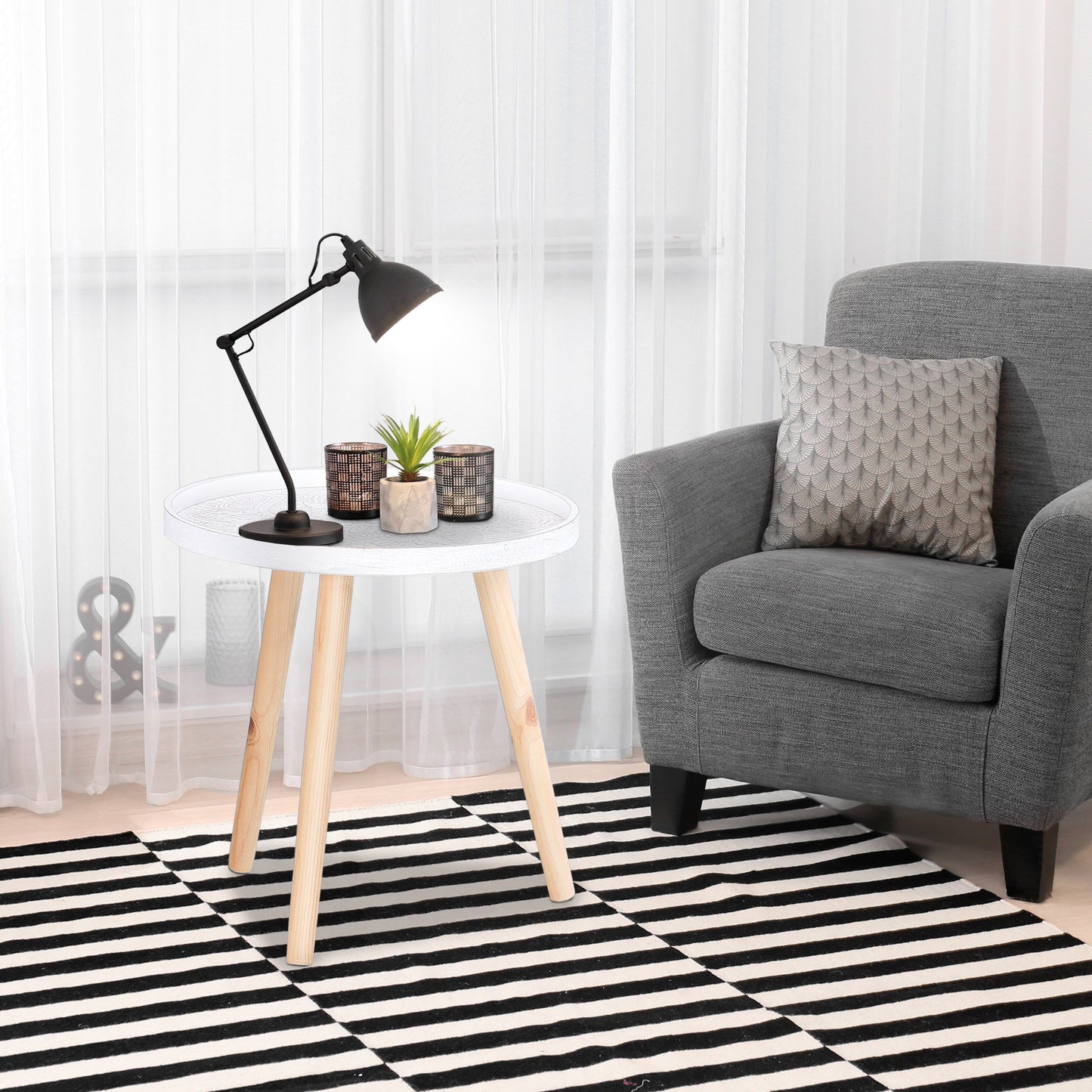 Flower Eteched Side Table w/Saucer Top Wood Legs Living Room Bedroom Furniture Coffee End Table Display Decoration Elegant - White-1