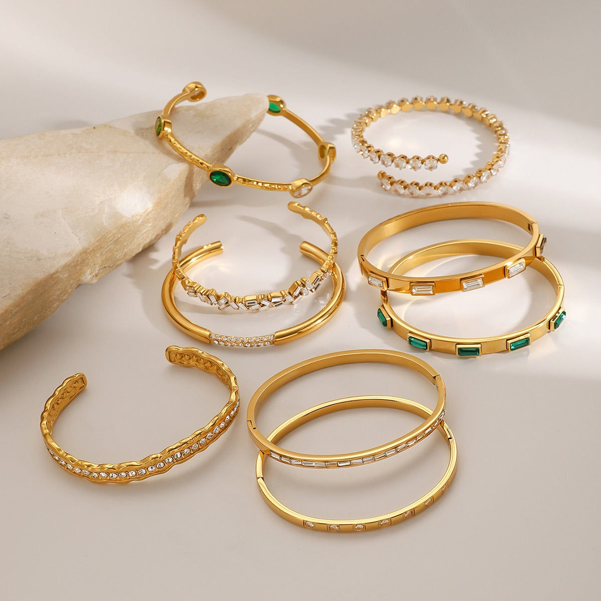 18K gold geometric inlaid gemstone design light luxury high-end bracelet hair accessories set-Luxore