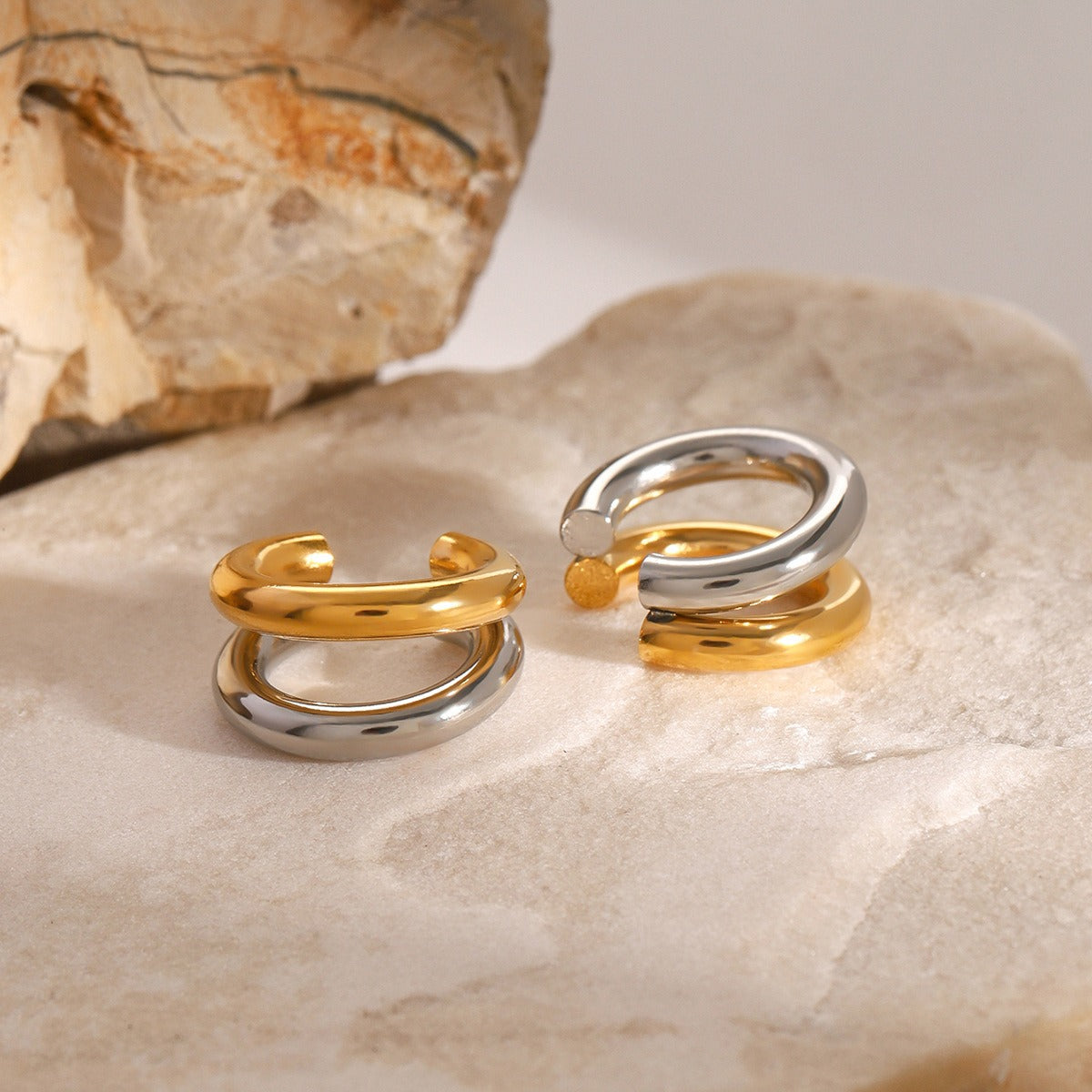 18K gold double-layer C-shaped earrings with gold and silver contrasting high-end feel-Luxore