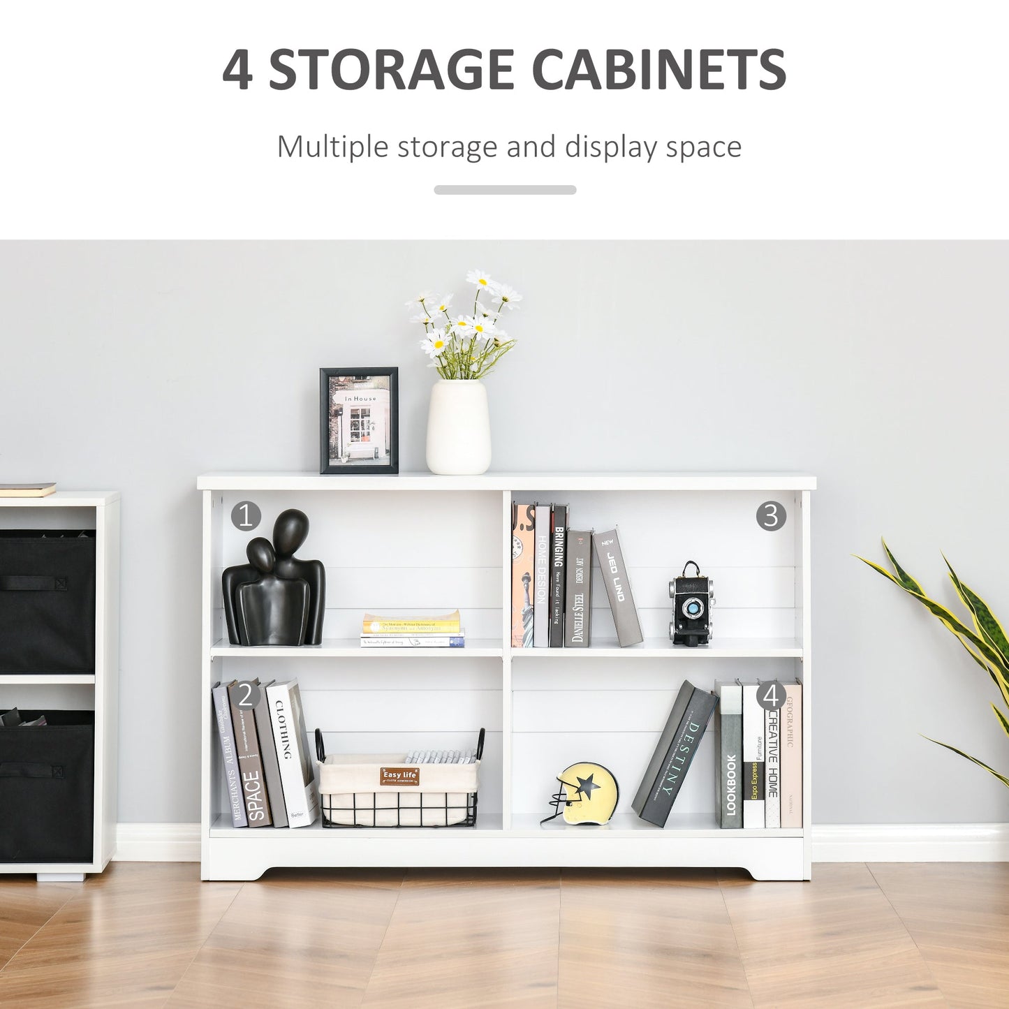 Simple Modern 4-Compartment Low Bookcase 2-Tier w/ Moving Shelves Cube Display Storage Unit Home Office Living Room Furniture White-3