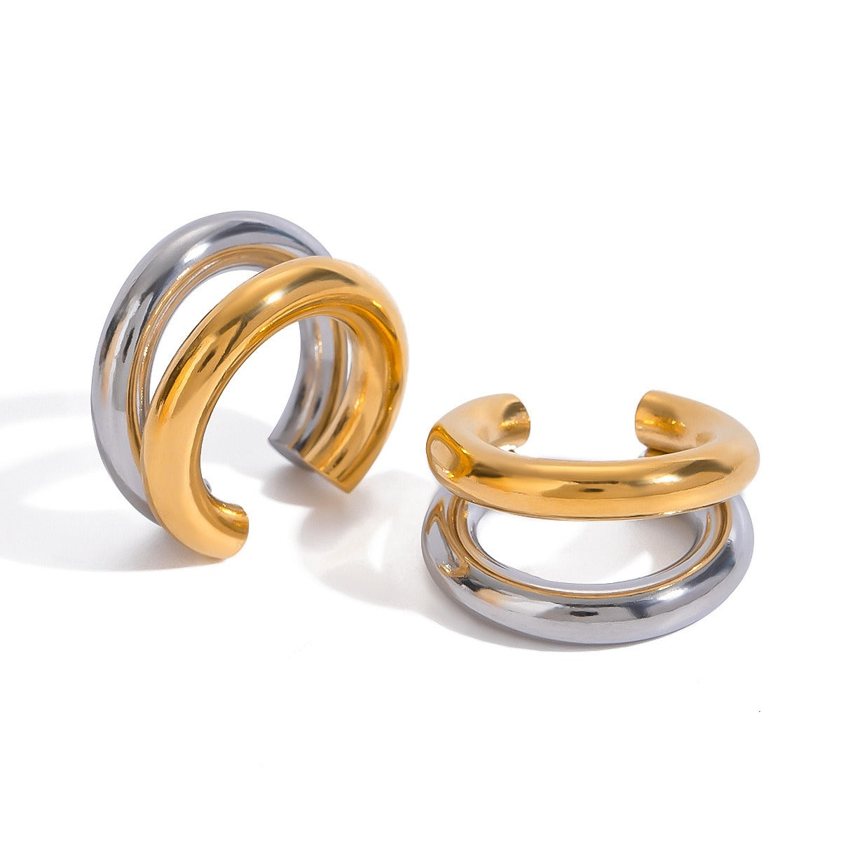 18K gold double-layer C-shaped earrings with gold and silver contrasting high-end feel-Luxore