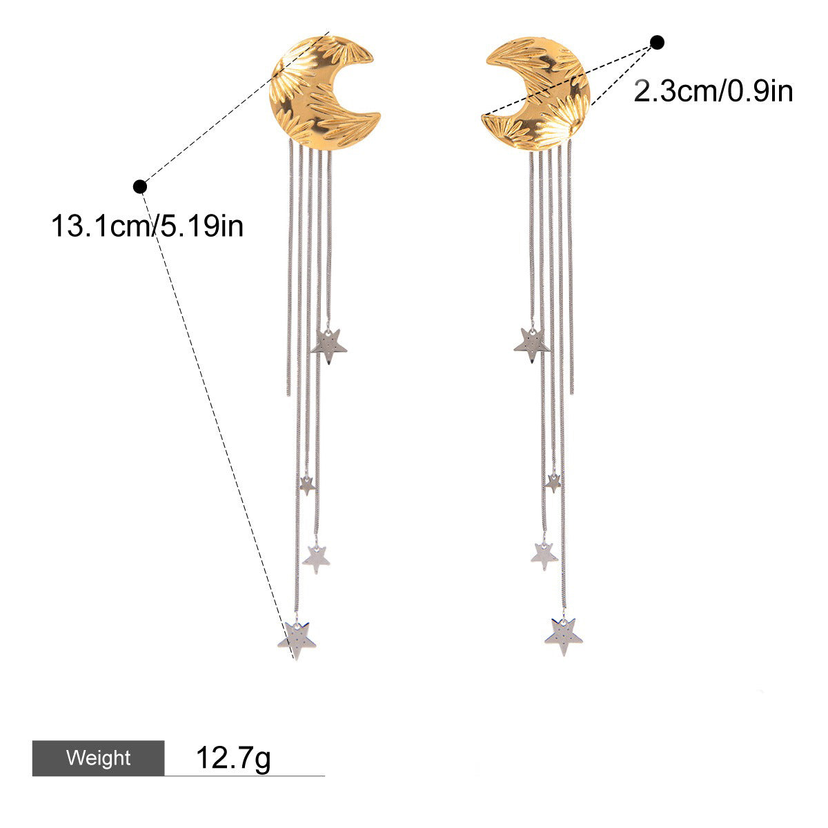 Gold Plated Moon and Star Celestial Tassel Earrings-Luxore