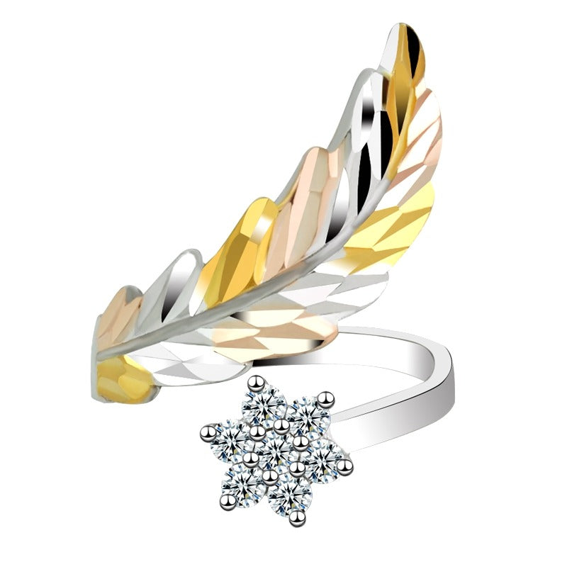 18K gold feather with flower-shaped gemstone design light luxury high-end ring-Luxore