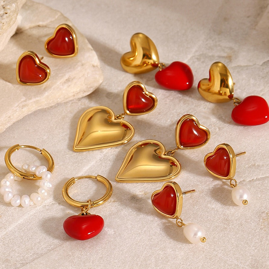 18K gold heart-shaped earrings with oil drop design-Luxore