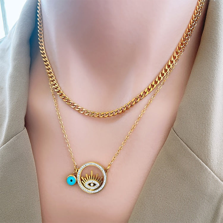 18K gold double chain with sun-shaped/eye design unique high-end necklace-Luxore