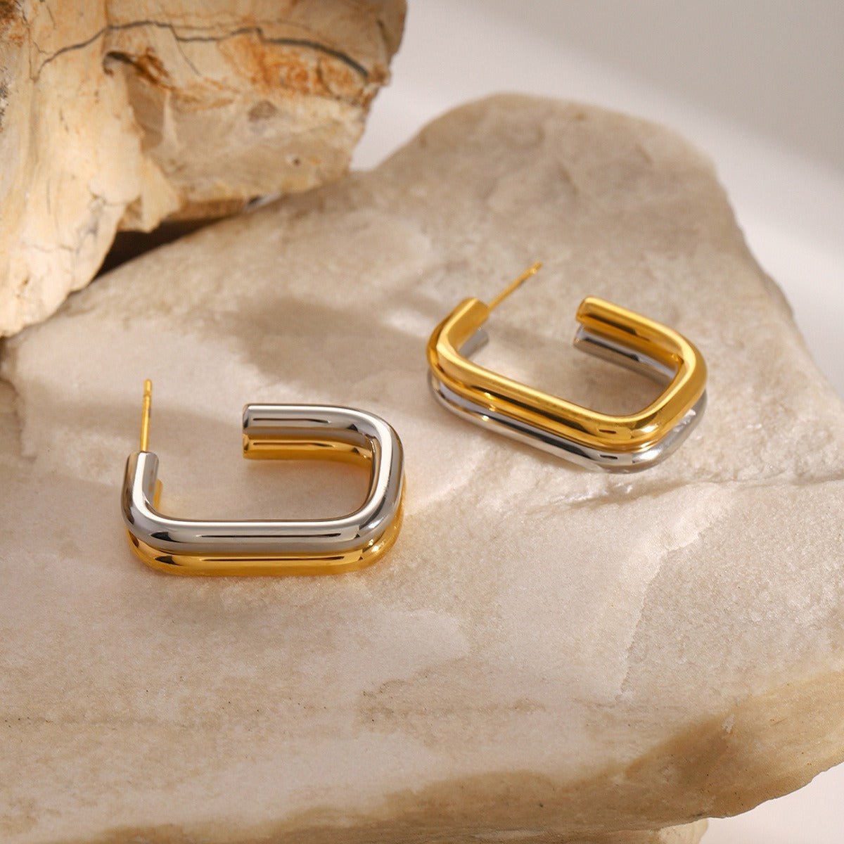 Gold Plated double-layer geometric earrings with gold and silver contrast design-Luxore