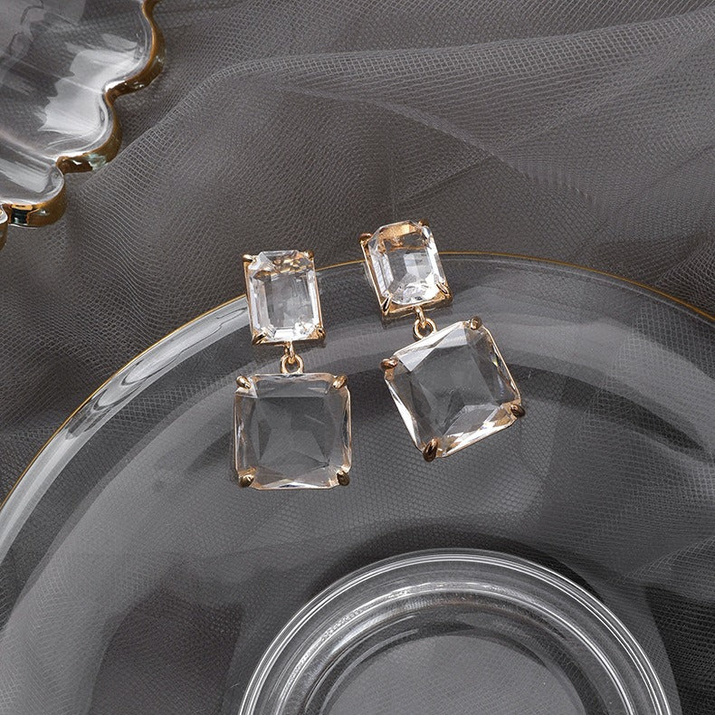 18K PVD Gold Inlaid Geometric Square Crystal High-End Earrings-Luxore