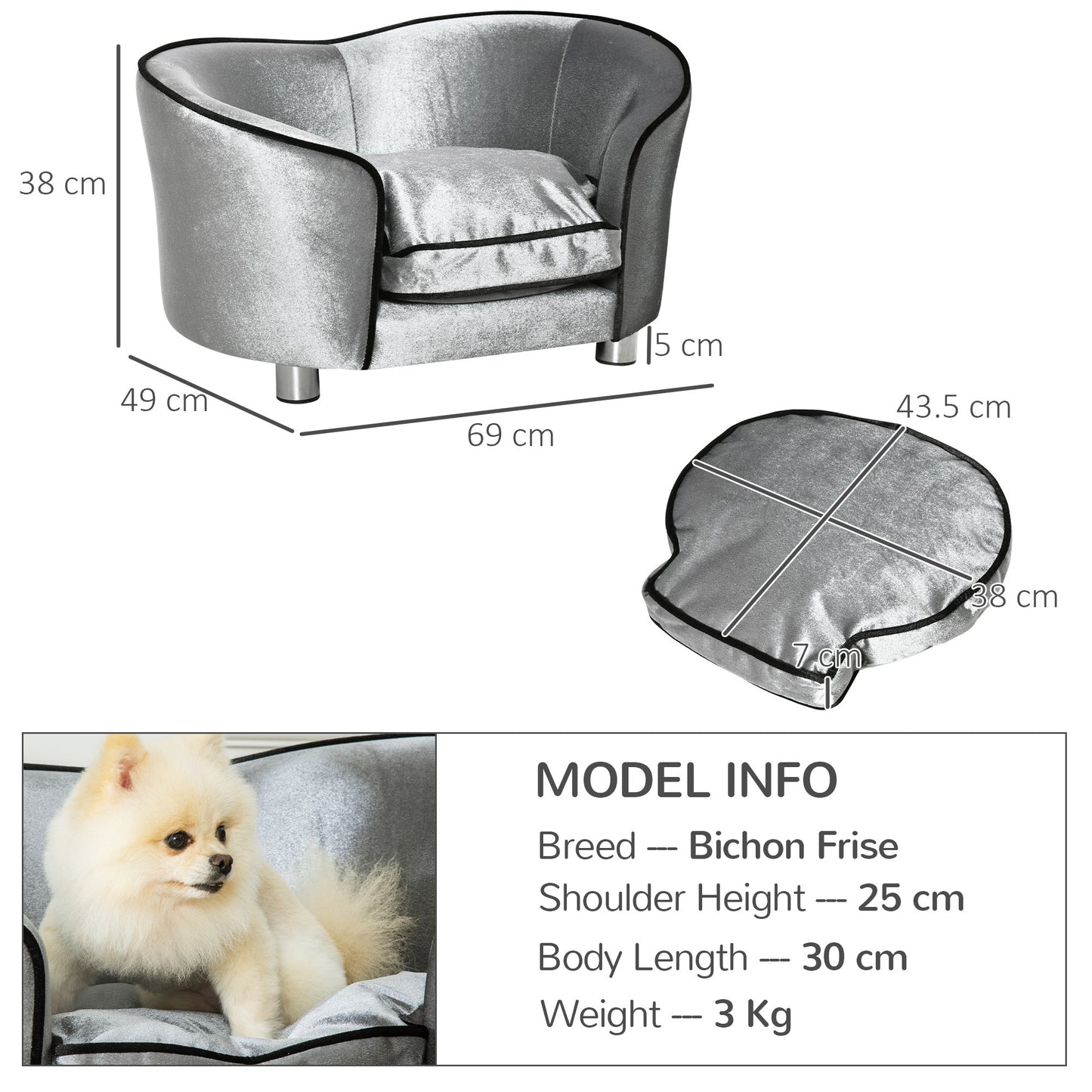 Pet Sofa Couch, Dog Bed, Cat Lounger, with Storage Pocket Removable Cushion Modern Furniture for Small Dogs, 69 x 49 x 38cm, Silver Grey-2