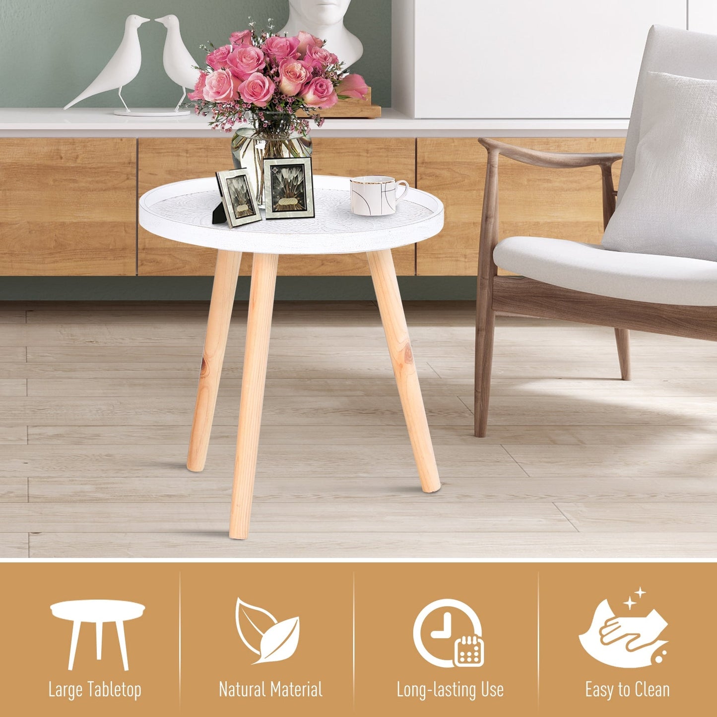 Flower Eteched Side Table w/Saucer Top Wood Legs Living Room Bedroom Furniture Coffee End Table Display Decoration Elegant - White-3