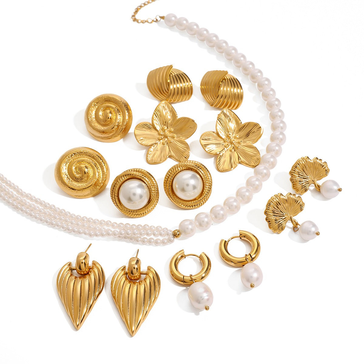 18K gold geometric inlaid pearl design high-end earrings and necklace set-Luxore
