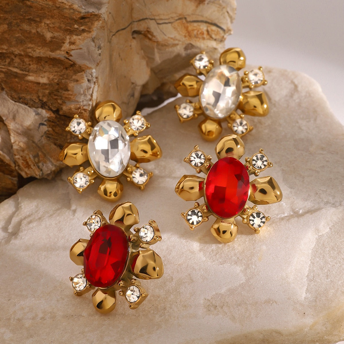 18K gold flower-shaped inlaid gemstone design high-end earrings-Luxore