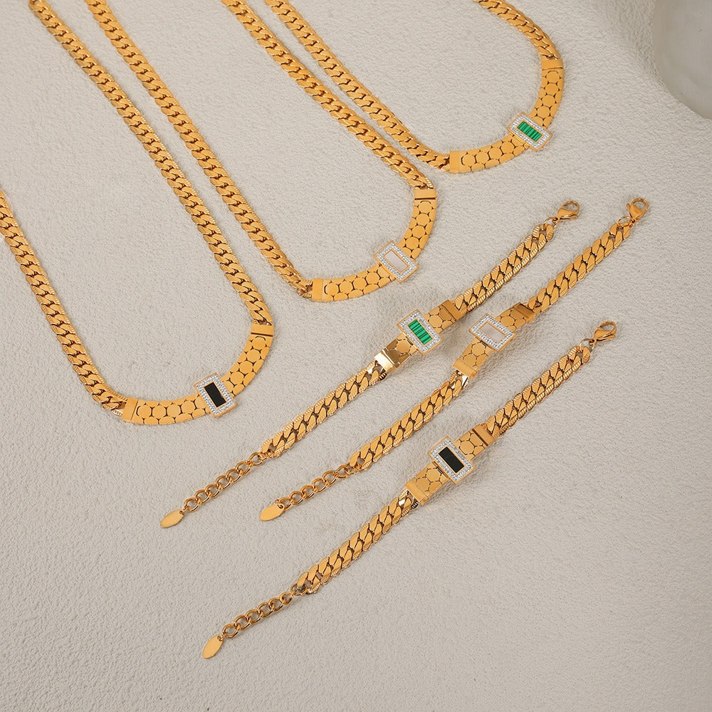 18K gold exquisite light luxury geometric inlaid zircon and gemstone design versatile bracelet necklace set-Luxore