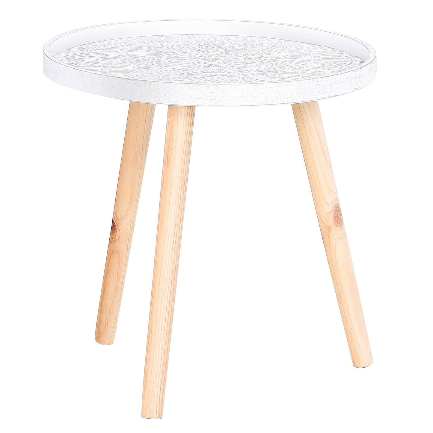 Flower Eteched Side Table w/Saucer Top Wood Legs Living Room Bedroom Furniture Coffee End Table Display Decoration Elegant - White-0