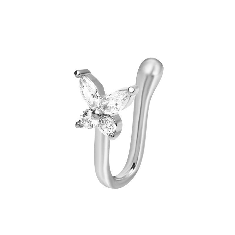 18K gold U-shaped nose ornament with butterfly inlaid gemstones, exquisite and noble design-Luxore