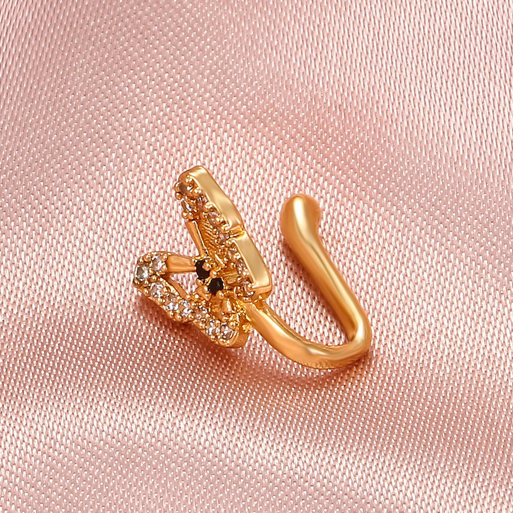 18K gold U-shaped nose ornament with butterfly inlaid gemstones, exquisite and noble design-Luxore
