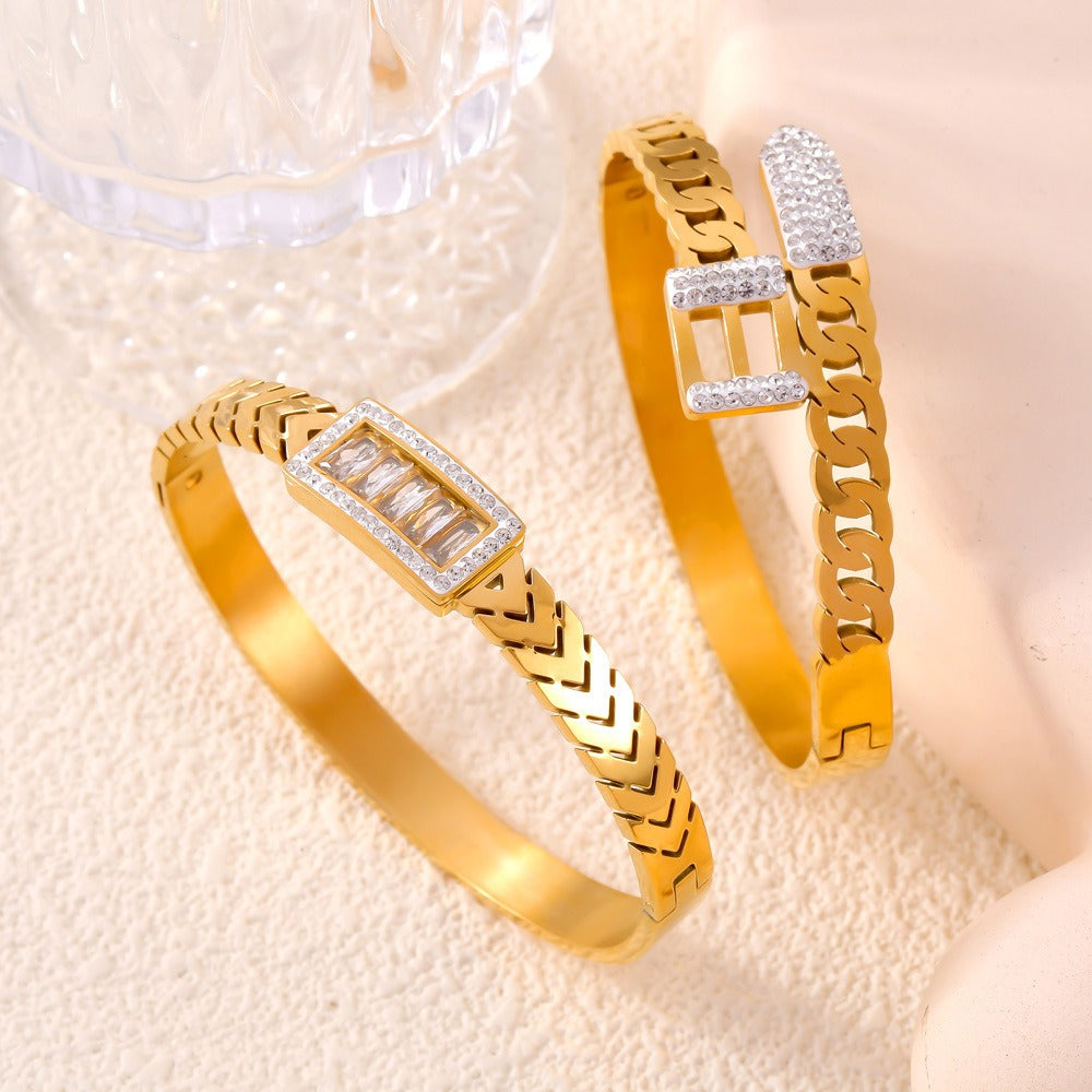 18K gold exquisite fashion inlaid gemstones and diamonds with hollow design bracelet-Luxore