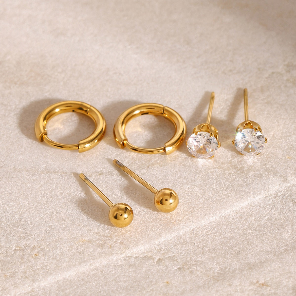 Gold Plated Triple-Element Hoop Earrings with Gem Inlay-Luxore