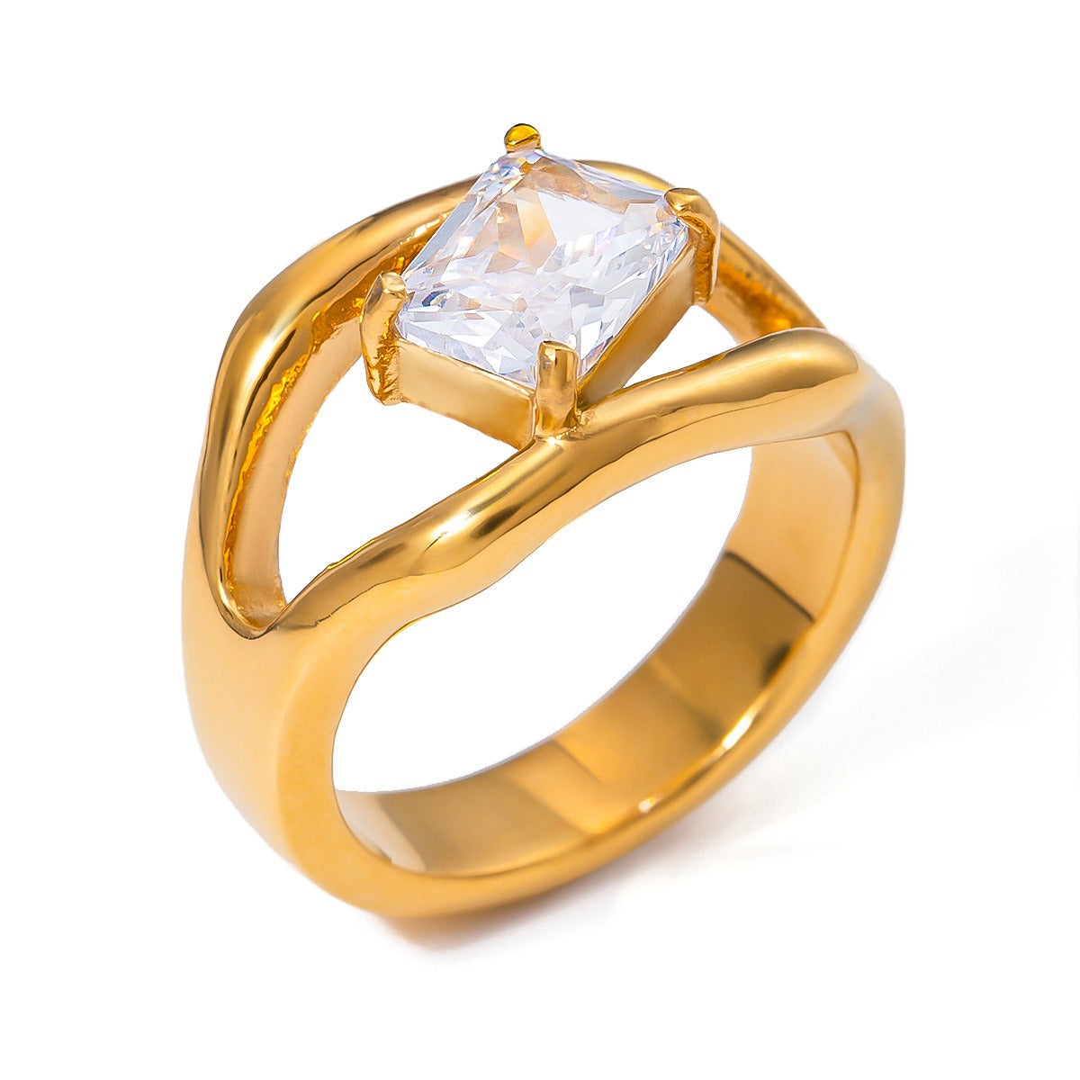 18K gold geometric hollow inlaid gemstone unique design high-end ring-Luxore