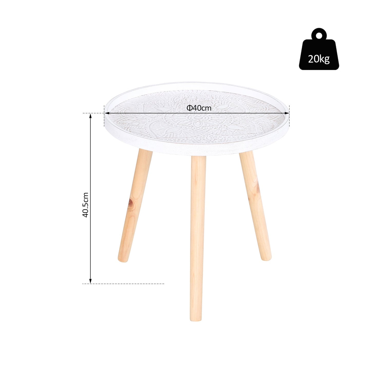 Flower Eteched Side Table w/Saucer Top Wood Legs Living Room Bedroom Furniture Coffee End Table Display Decoration Elegant - White-2