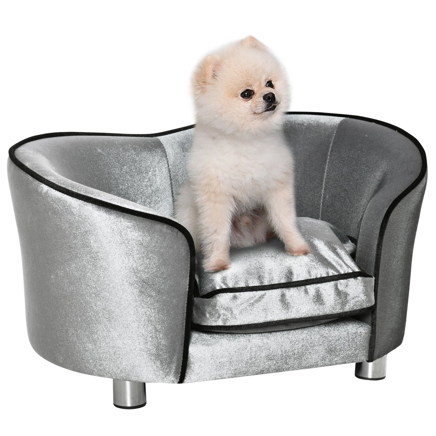Pet Sofa Couch, Dog Bed, Cat Lounger, with Storage Pocket Removable Cushion Modern Furniture for Small Dogs, 69 x 49 x 38cm, Silver Grey-0