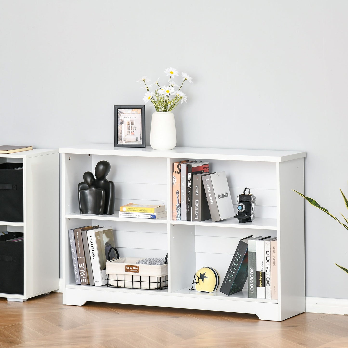 Simple Modern 4-Compartment Low Bookcase 2-Tier w/ Moving Shelves Cube Display Storage Unit Home Office Living Room Furniture White-0