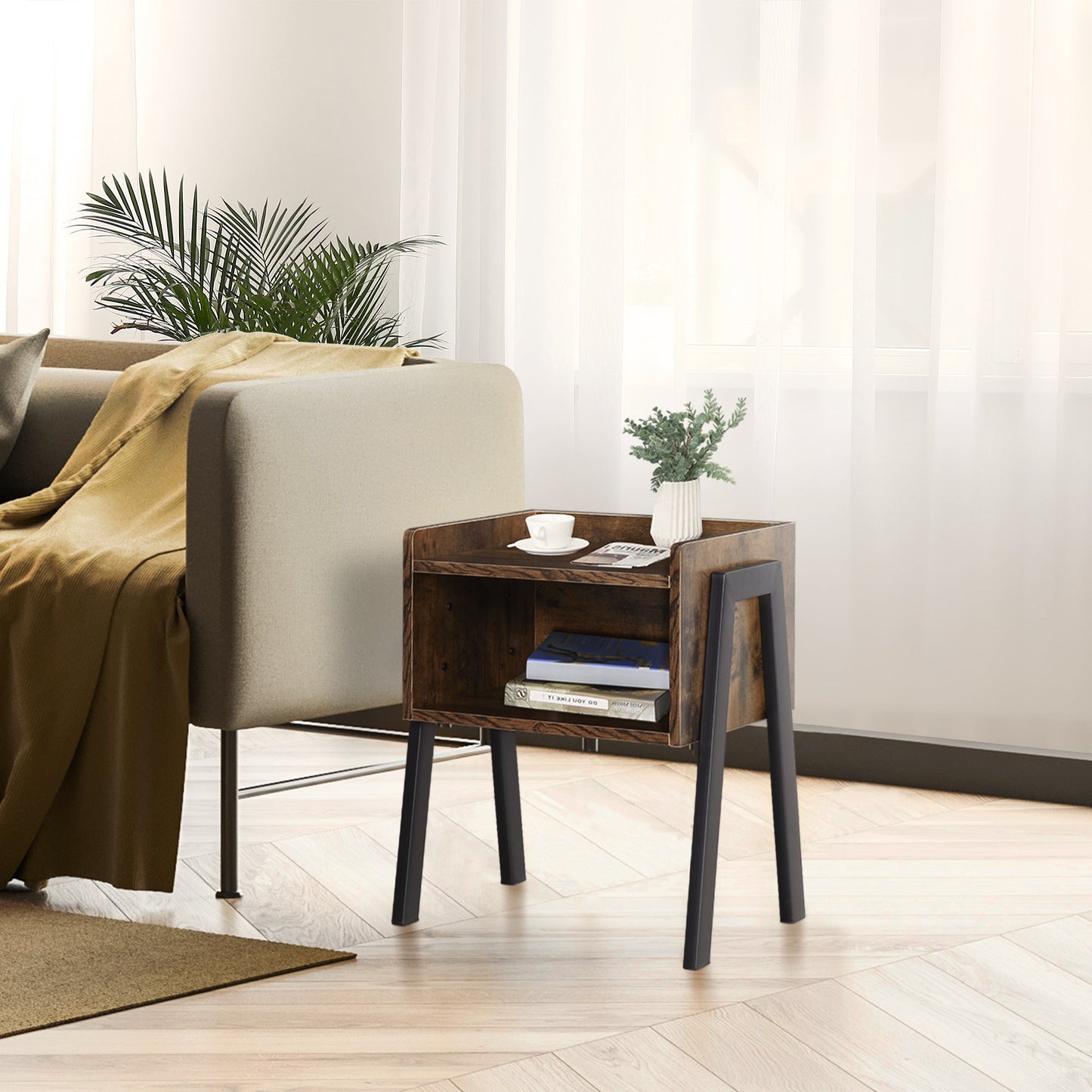 Bedside Table Set of 2 Industrial Nightstand Stackable End Table with Open Front Storage Compartment Retro Furniture with Metal Legs Rustic Brown-3
