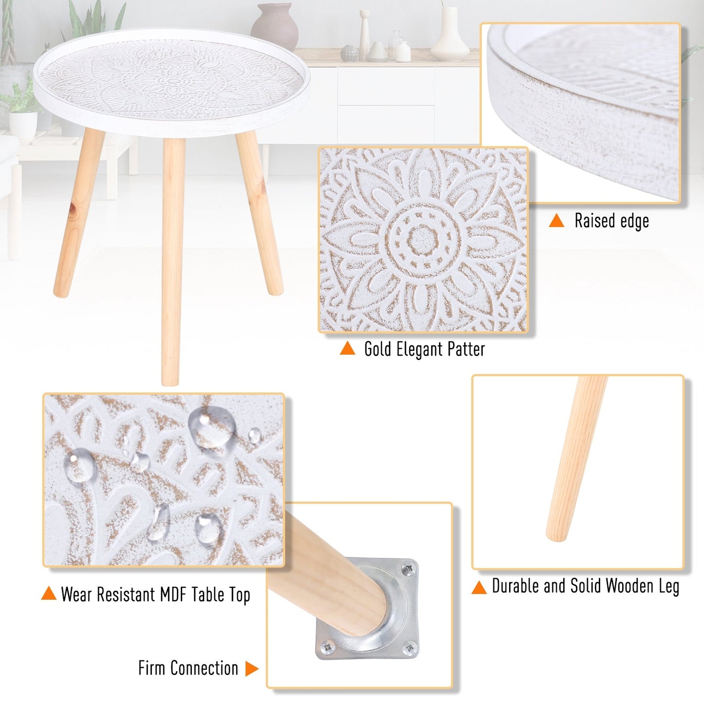 Flower Eteched Side Table w/Saucer Top Wood Legs Living Room Bedroom Furniture Coffee End Table Display Decoration Elegant - White-4