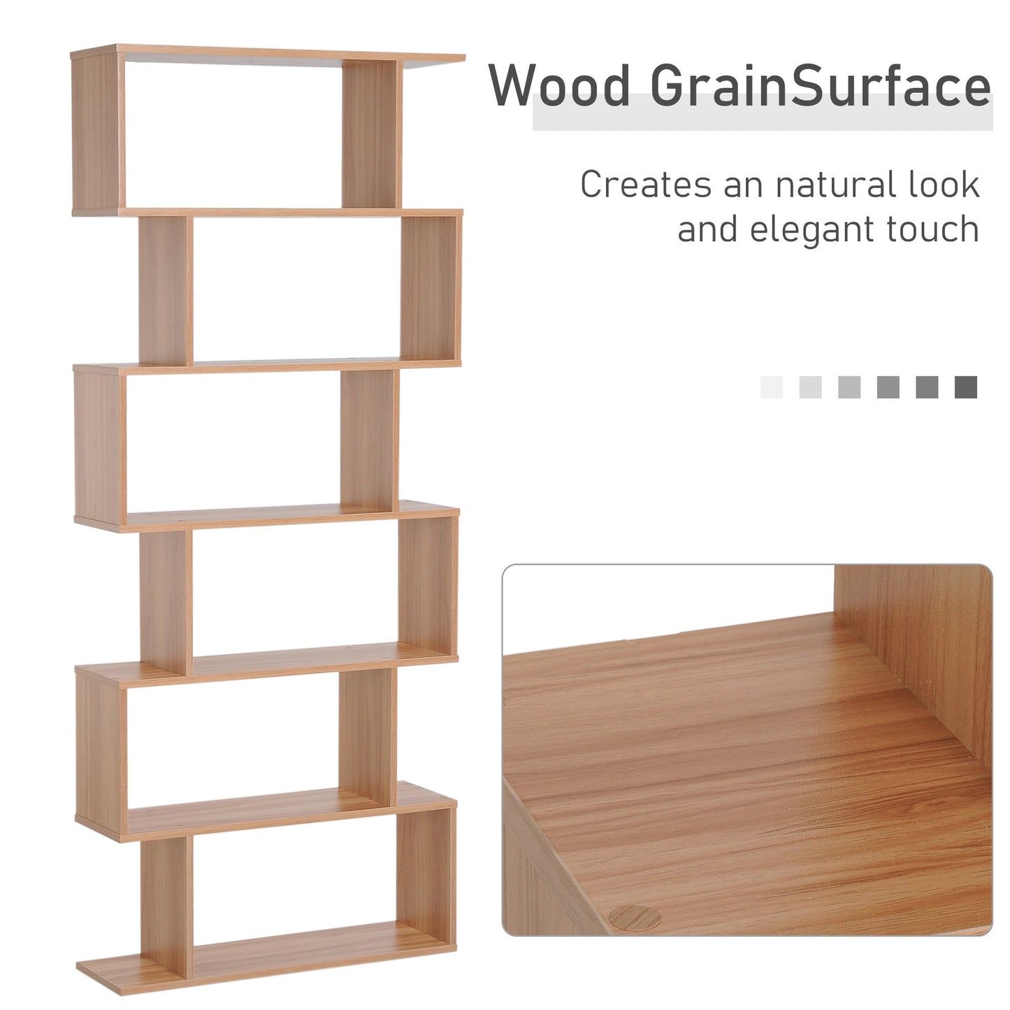 Wooden Wood S Shape Storage Display 6 Shelves Room Divider Unit Chest Bookshelf Bookcase Cupboard Cabinet Home Office Furniture (Maple)-Luxore