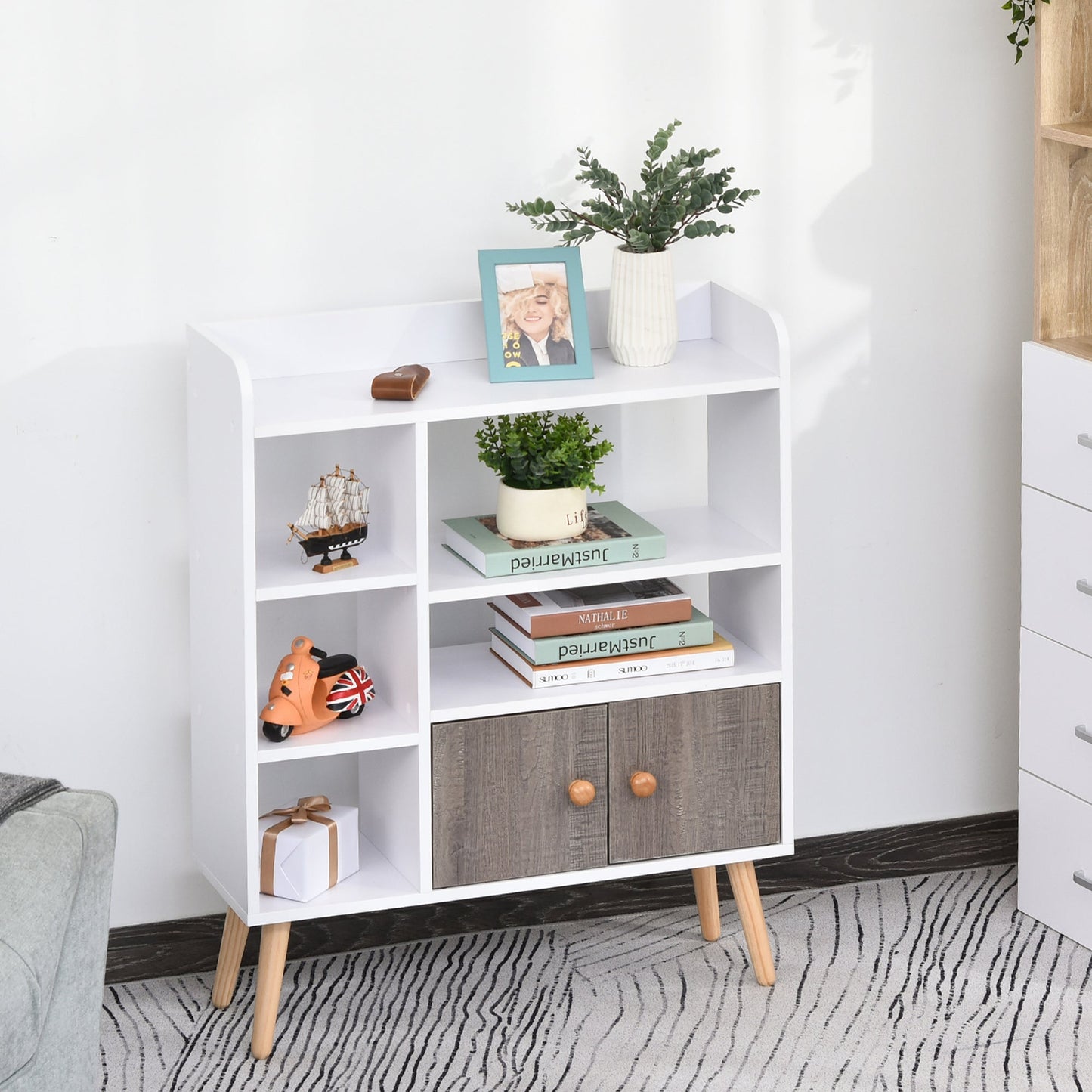 Multi-Shelf Modern Bookcase Freestanding Storage w/ Cabinet 6 Shelves Wood Legs Home Office Display Furniture Stylish White-1