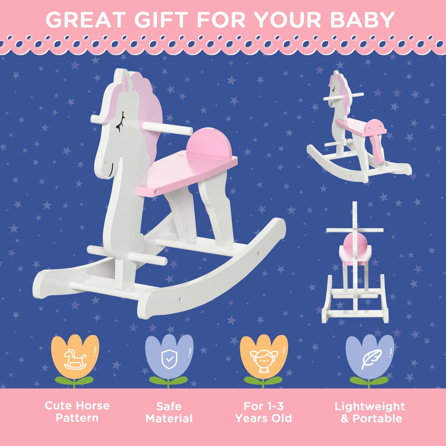 Kids Wooden Rocking Horse, Ride On Toy w/ Handlebar, Foot Pedal, Traditional Rocker Furniture for 1-3 Years, Pink-Luxore